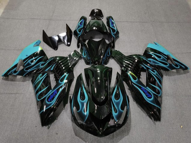 Carenados Moto Kawasaki ZX14R 2006-2011 - Negro Brillante Azul Claro Llama