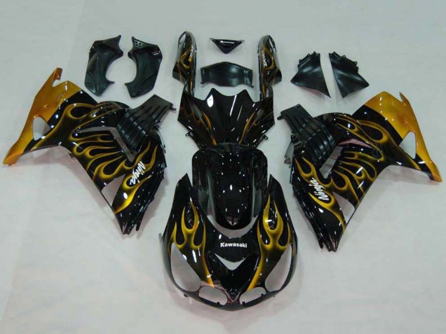 Carenados Moto Kawasaki ZX14R ZZR1400 2006-2011 - Negro Brillante Oro Llama