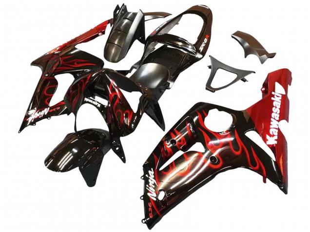 Carenados Moto Kawasaki ZX6R 2003-2004 - Negro Brillante Rojo Llama