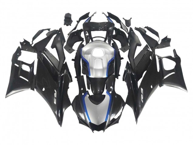 Carenados Moto Yamaha YZF R3/R25 2022-2024 - Negro FibraCarbono Estilo Plata Azul