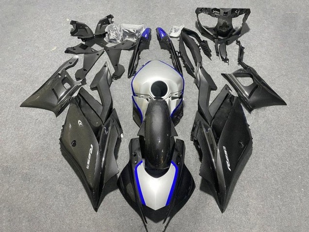 Carenados Moto Yamaha YZF R3/R25 2019-2021 - Negro FibraCarbono Estilo Plata Azul