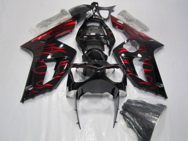 Carenado Moto Kawasaki ZX6R 2003-2004 - Negro Brillante Rojo Llama